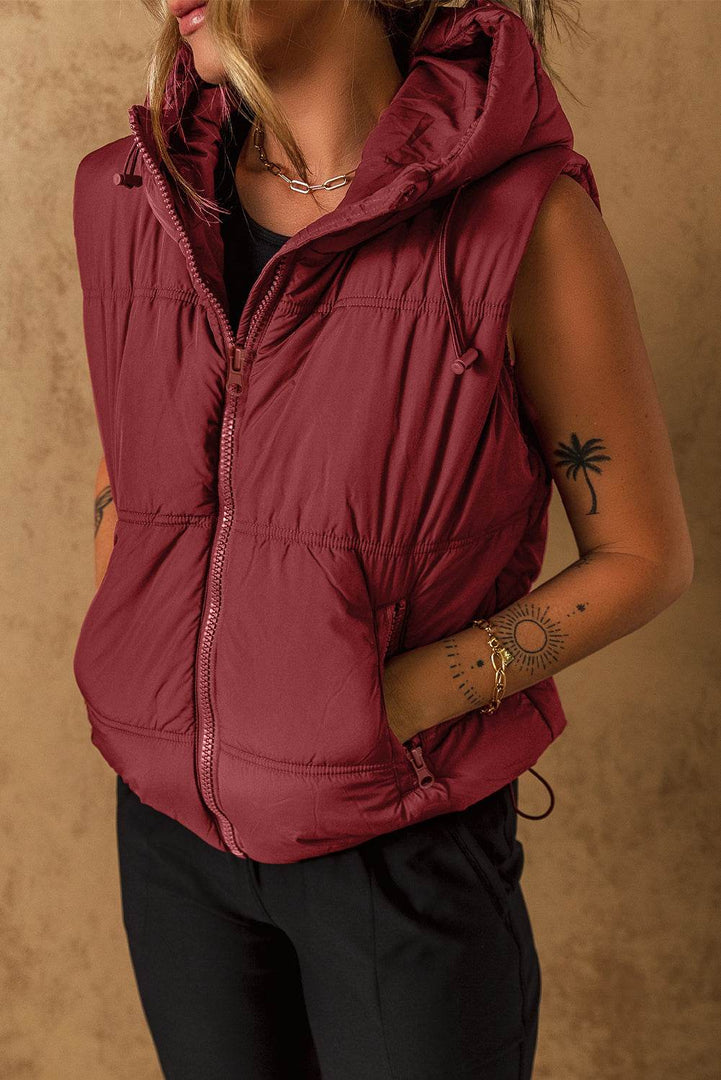 Clay Zip-up Side Pockets Hooded Puffer Vest - Fashion Queen -  5