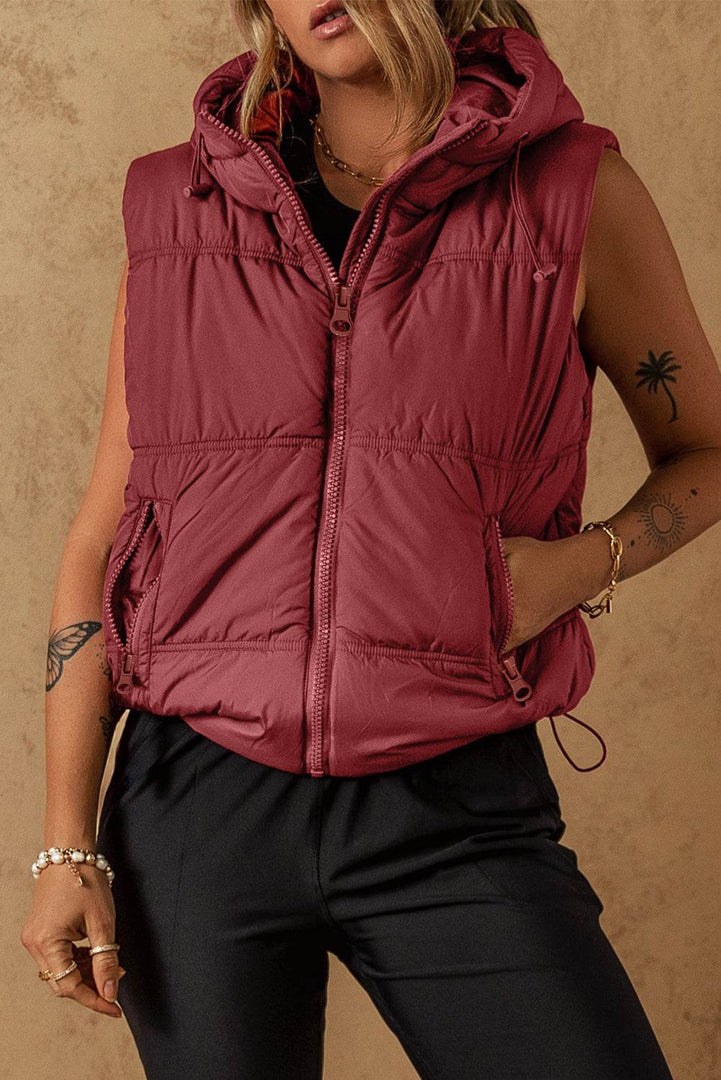 Clay Zip-up Side Pockets Hooded Puffer Vest - Fashion Queen -  6