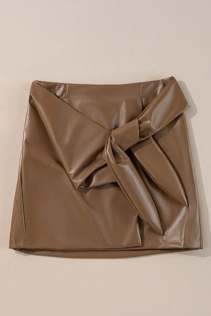 Coffee Bowknot Faux Leather Mini Skirt - Fashion Queen -  4