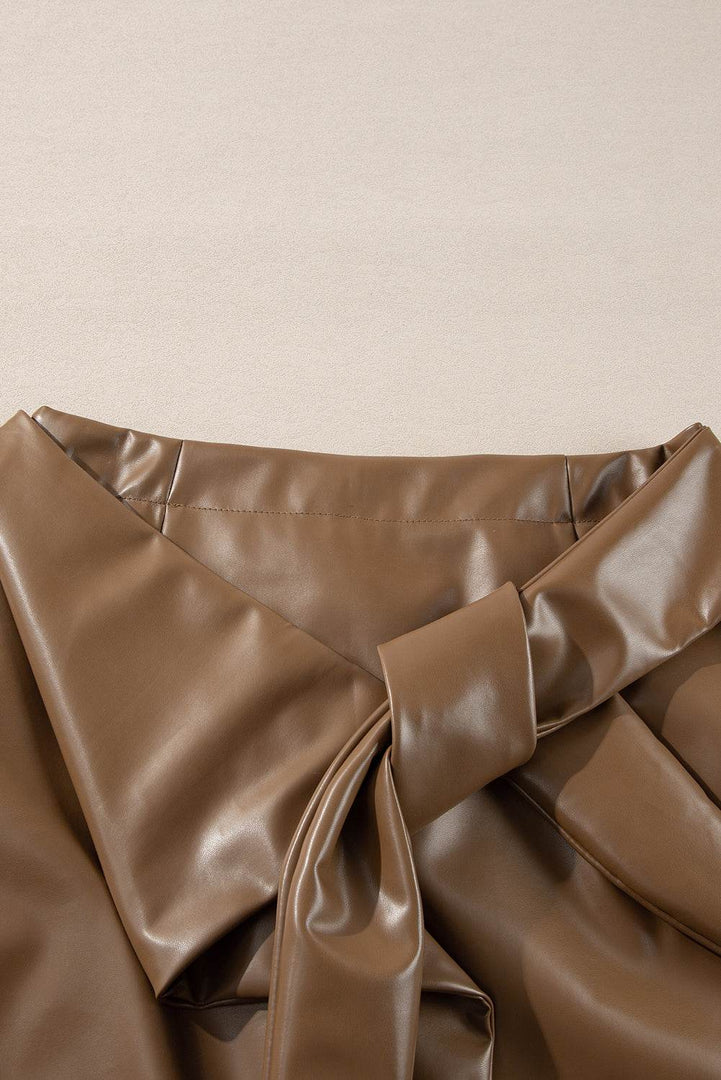 Coffee Bowknot Faux Leather Mini Skirt - Fashion Queen -  6