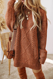 Coffee Cable Knit Drop Shoulder Loose Fit Sweater Dress - Fashion Queen -  1