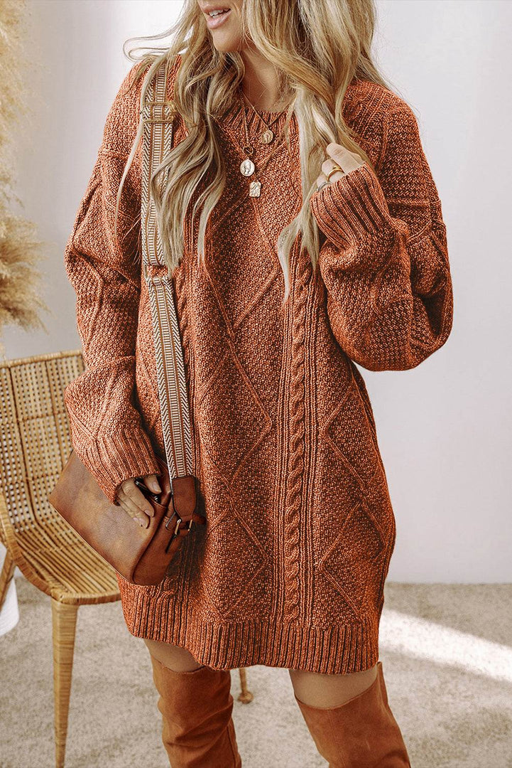 Coffee Cable Knit Drop Shoulder Loose Fit Sweater Dress - Fashion Queen -  12