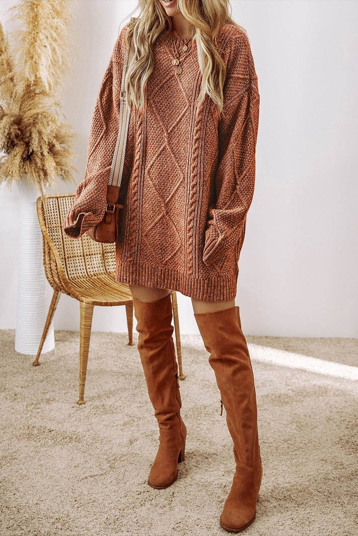 Coffee Cable Knit Drop Shoulder Loose Fit Sweater Dress - Fashion Queen -  13