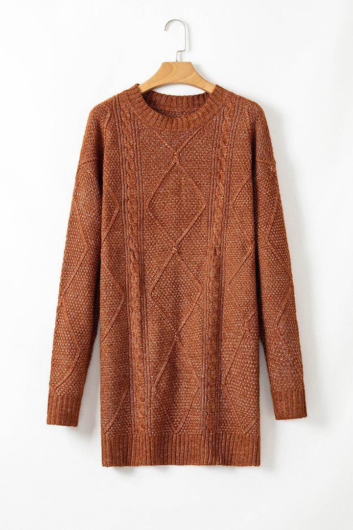 Coffee Cable Knit Drop Shoulder Loose Fit Sweater Dress - Fashion Queen -  15