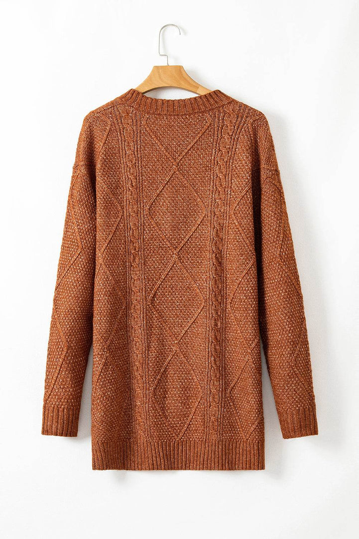 Coffee Cable Knit Drop Shoulder Loose Fit Sweater Dress - Fashion Queen -  16