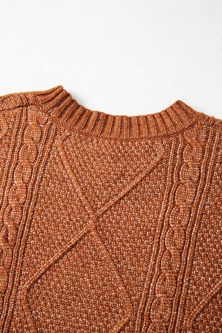 Coffee Cable Knit Drop Shoulder Loose Fit Sweater Dress - Fashion Queen -  20