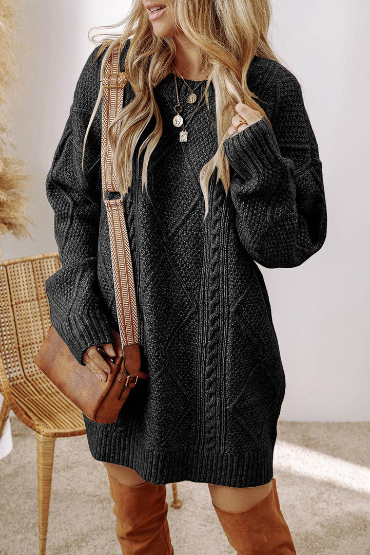 Coffee Cable Knit Drop Shoulder Loose Fit Sweater Dress - Fashion Queen -  25