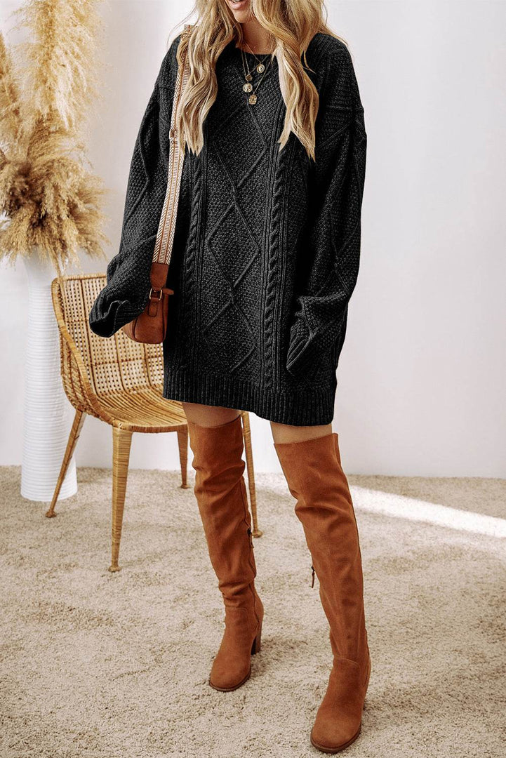 Coffee Cable Knit Drop Shoulder Loose Fit Sweater Dress - Fashion Queen -  27