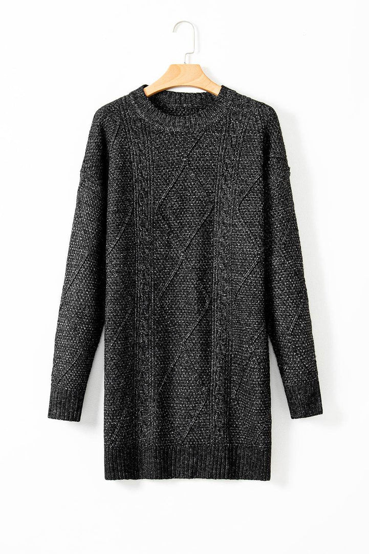 Coffee Cable Knit Drop Shoulder Loose Fit Sweater Dress - Fashion Queen -  28