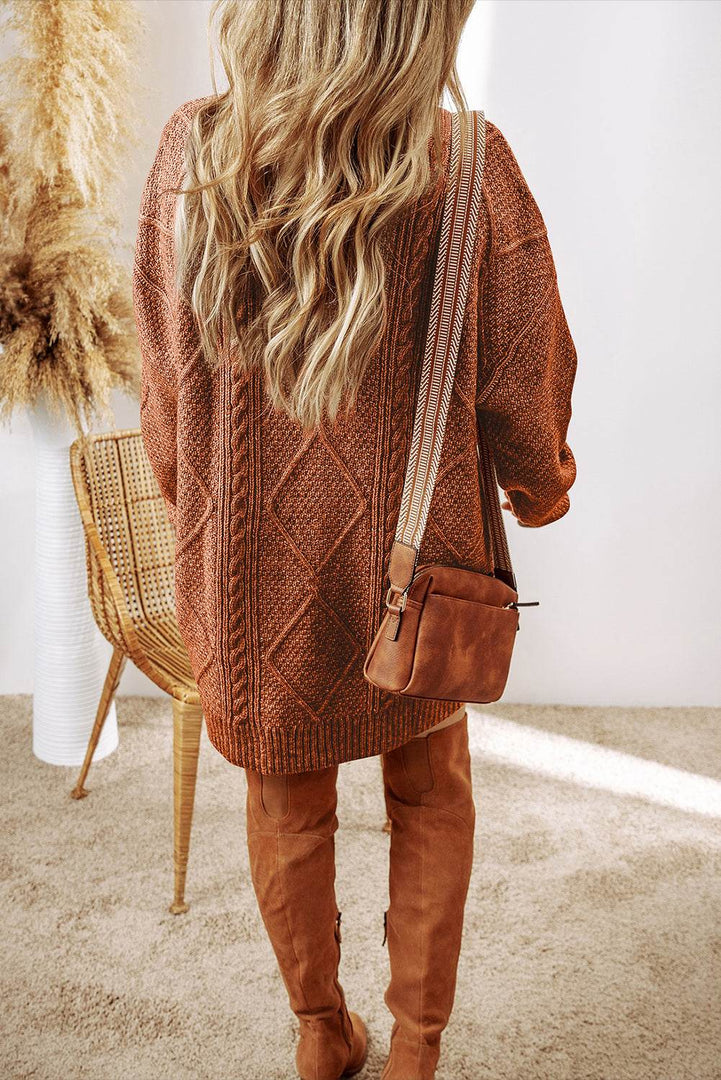 Coffee Cable Knit Drop Shoulder Loose Fit Sweater Dress - Fashion Queen -  3