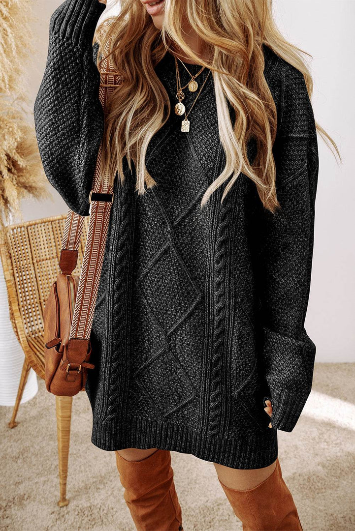 Coffee Cable Knit Drop Shoulder Loose Fit Sweater Dress - Fashion Queen -  4