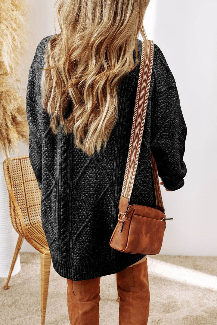 Coffee Cable Knit Drop Shoulder Loose Fit Sweater Dress - Fashion Queen -  6