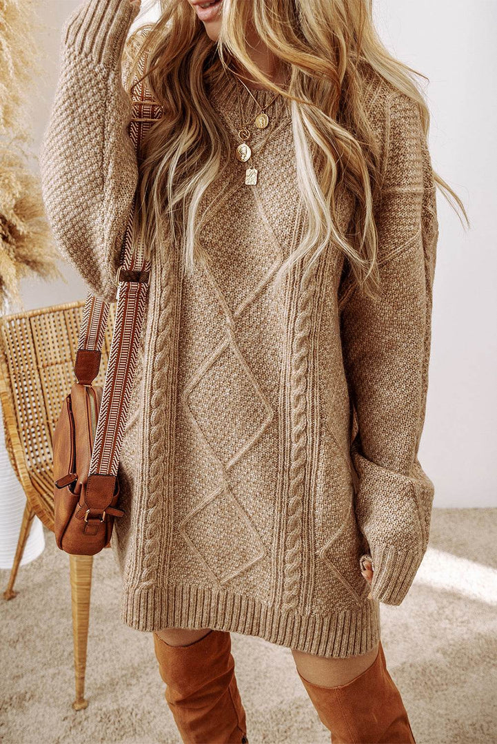 Coffee Cable Knit Drop Shoulder Loose Fit Sweater Dress - Fashion Queen -  7