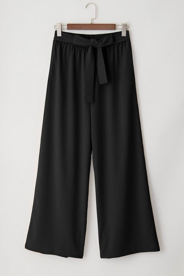 Coffee High Waisted Tie Front Side Pocket Wide Leg Flowy Casual Pants - Fashion Queen -  19
