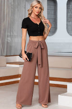 Load image into Gallery viewer, Coffee High Waisted Tie Front Side Pocket Wide Leg Flowy Casual Pants - Fashion Queen -  4
