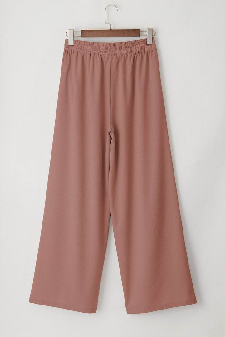 Coffee High Waisted Tie Front Side Pocket Wide Leg Flowy Casual Pants - Fashion Queen -  6