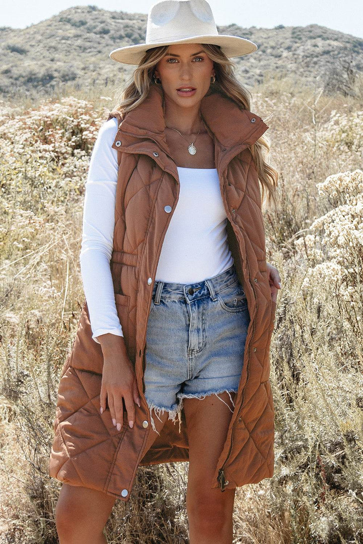 Coffee Longline Quilted Stand Collar Puffer Vest - Fashion Queen -  12