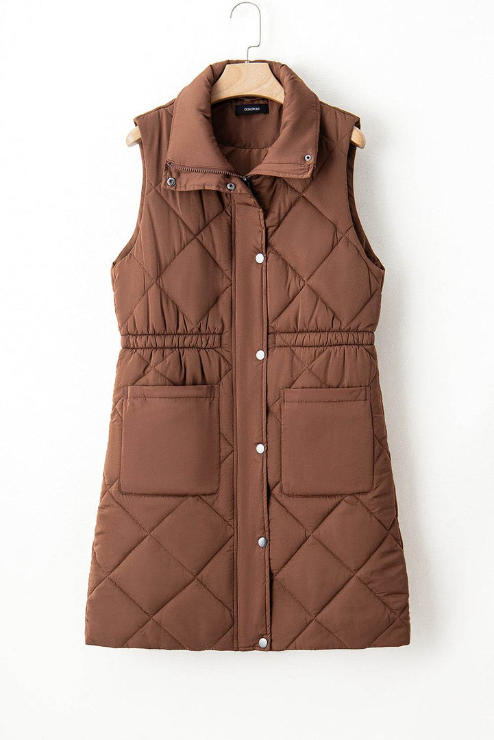 Coffee Longline Quilted Stand Collar Puffer Vest - Fashion Queen -  14