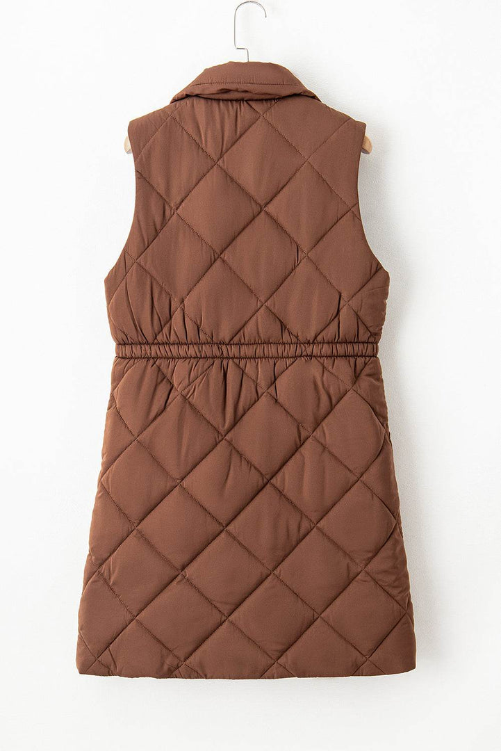 Coffee Longline Quilted Stand Collar Puffer Vest - Fashion Queen -  15