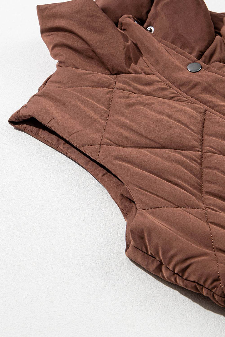Coffee Longline Quilted Stand Collar Puffer Vest - Fashion Queen -  18