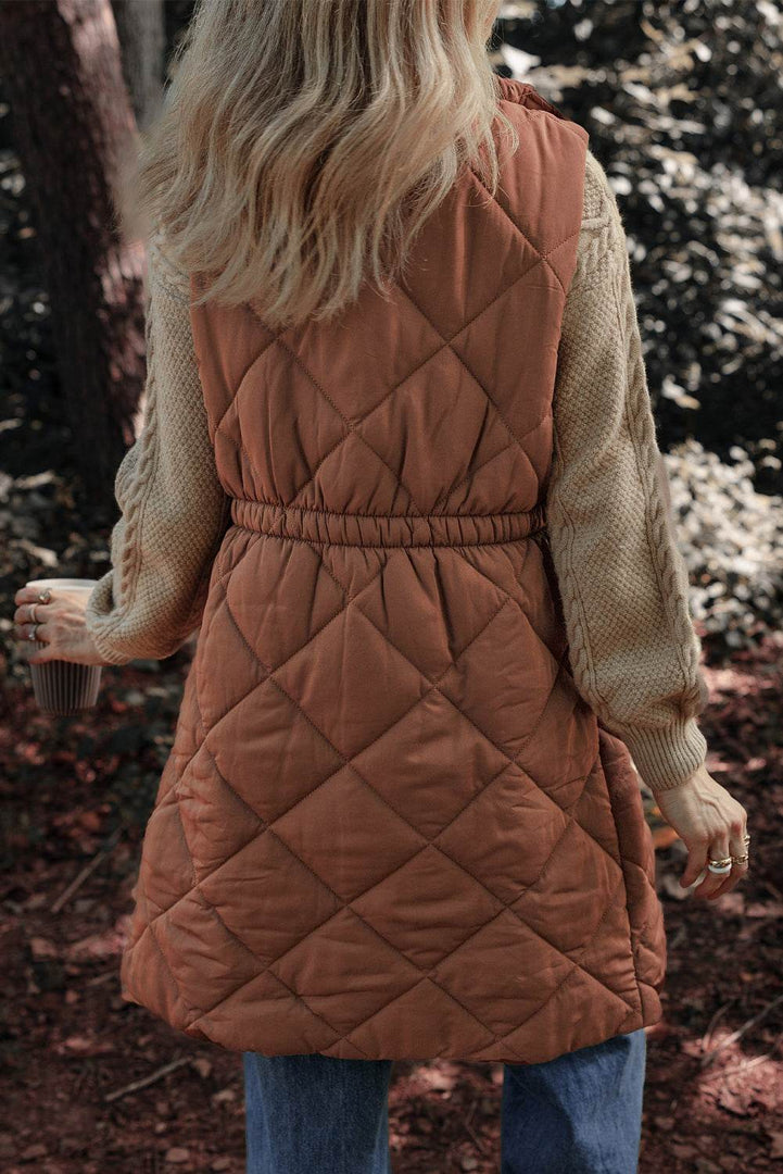 Coffee Longline Quilted Stand Collar Puffer Vest - Fashion Queen -  2