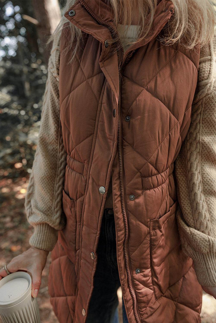 Coffee Longline Quilted Stand Collar Puffer Vest - Fashion Queen -  3