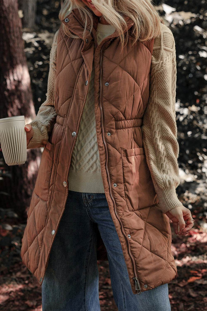 Coffee Longline Quilted Stand Collar Puffer Vest - Fashion Queen -  4