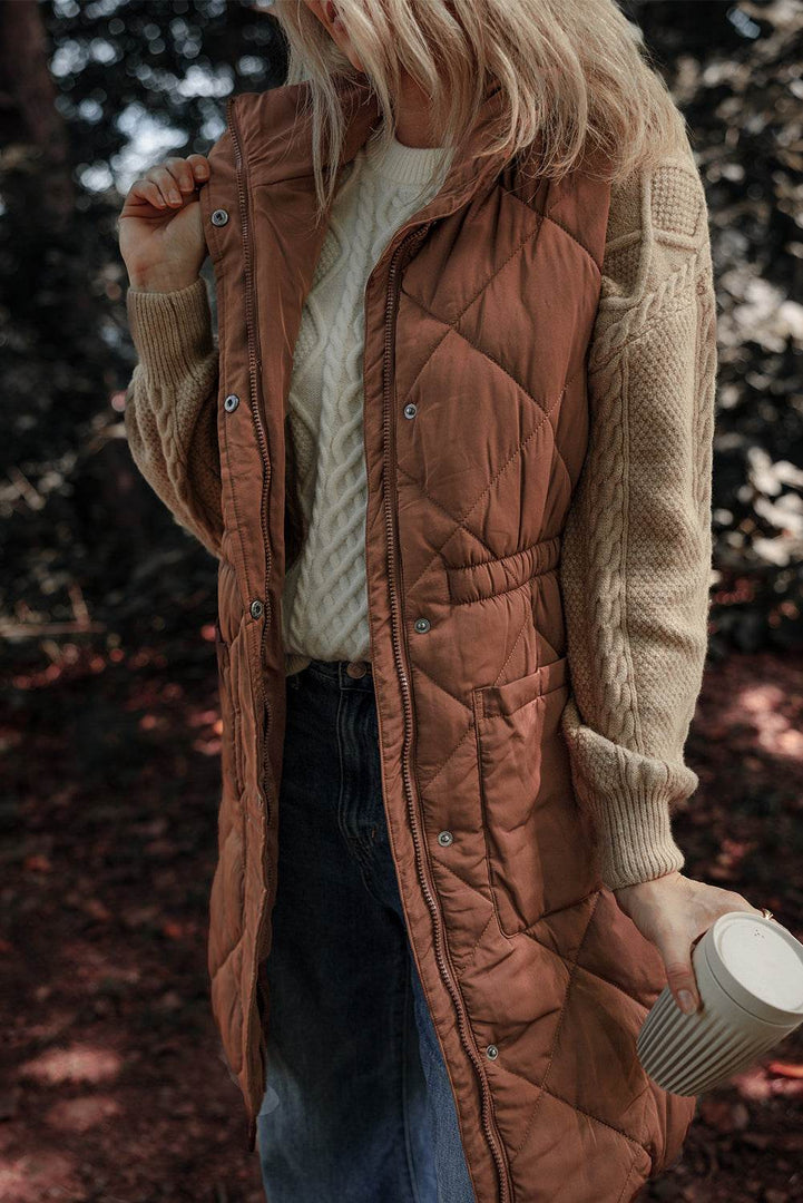Coffee Longline Quilted Stand Collar Puffer Vest - Fashion Queen -  5