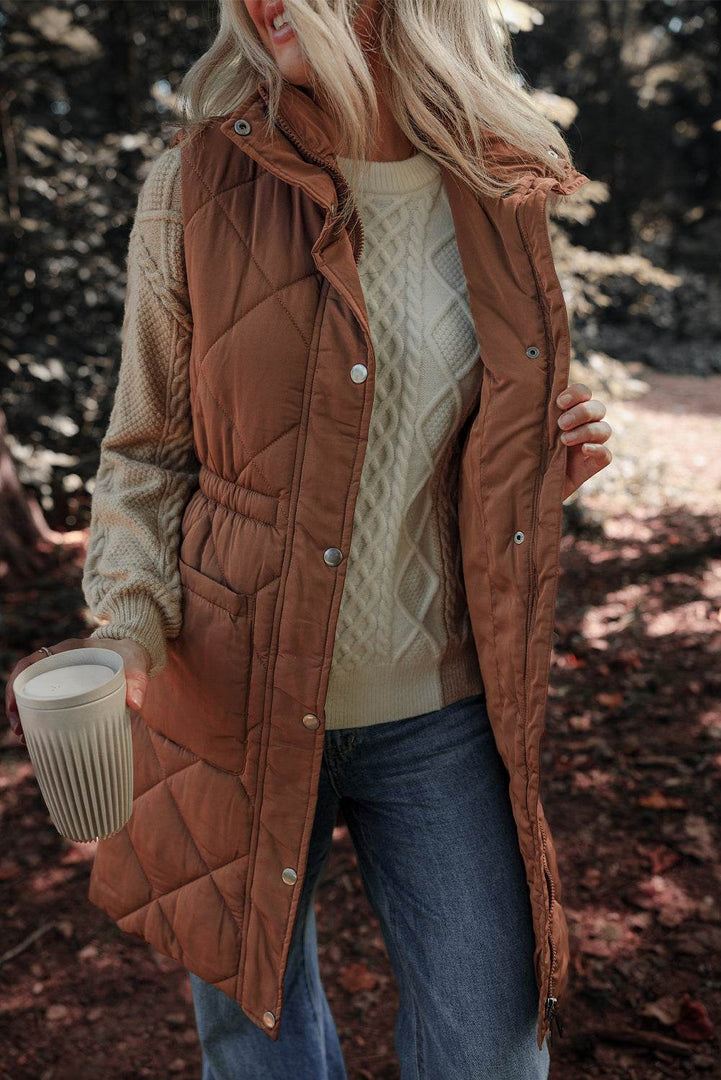 Coffee Longline Quilted Stand Collar Puffer Vest - Fashion Queen -  6