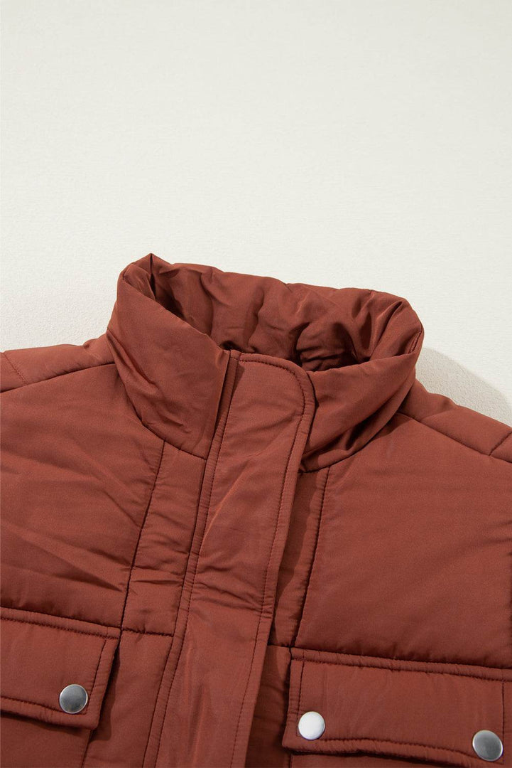 Coffee Quilted Puffer Stand Neck Zipped Mid-length Coat - Fashion Queen -  10