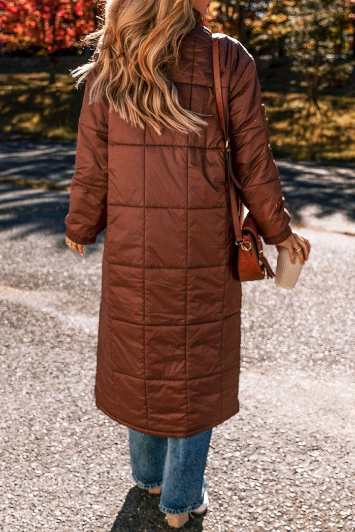 Coffee Quilted Puffer Stand Neck Zipped Mid-length Coat - Fashion Queen -  2
