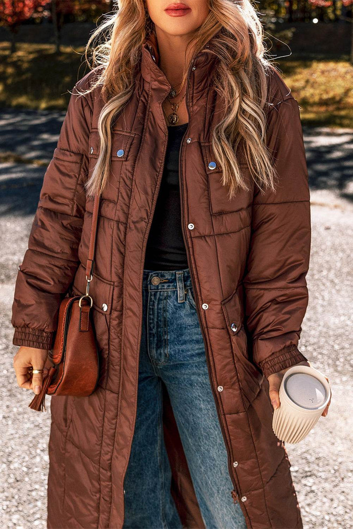Coffee Quilted Puffer Stand Neck Zipped Mid-length Coat - Fashion Queen -  3