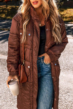 Load image into Gallery viewer, Coffee Quilted Puffer Stand Neck Zipped Mid-length Coat - Fashion Queen -  5

