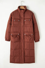 Load image into Gallery viewer, Coffee Quilted Puffer Stand Neck Zipped Mid-length Coat - Fashion Queen -  6
