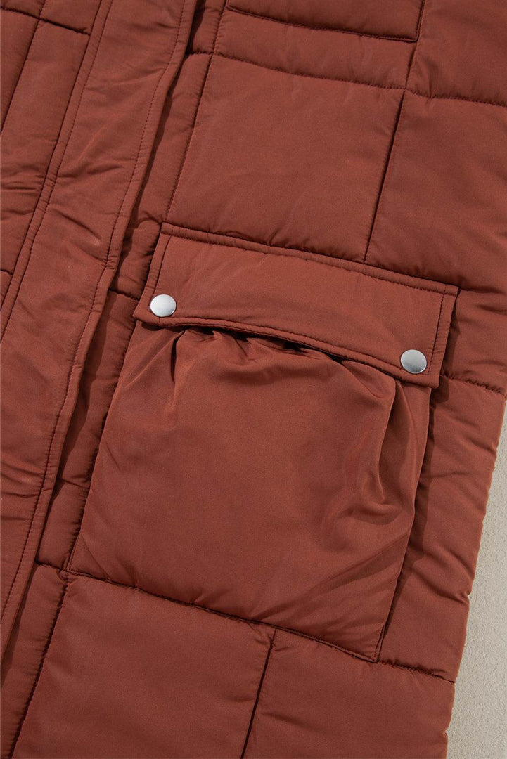 Coffee Quilted Puffer Stand Neck Zipped Mid-length Coat - Fashion Queen -  8