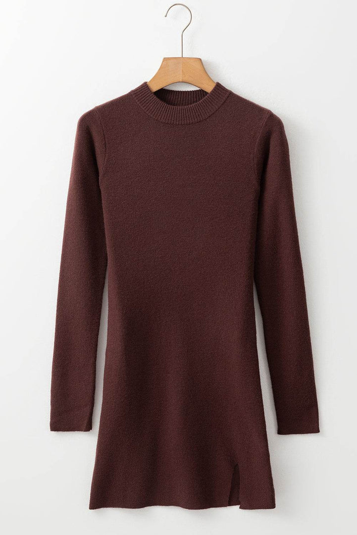 Coffee Slim Fit Mock Neck Side Slit Sweater Dress - Fashion Queen -  5