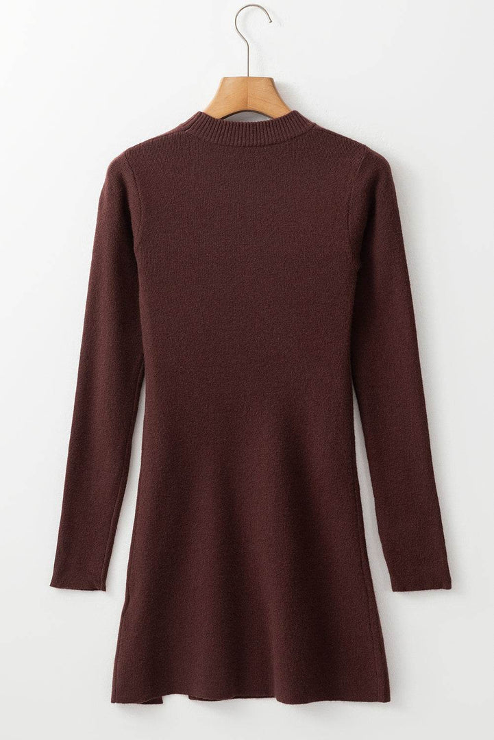Coffee Slim Fit Mock Neck Side Slit Sweater Dress - Fashion Queen -  6