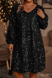 Color black Plus Size Bubble Sleeve V Neck Sequin Dress - Fashion Queen -  1