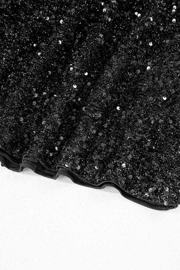 Color black Plus Size Bubble Sleeve V Neck Sequin Dress - Fashion Queen -  10