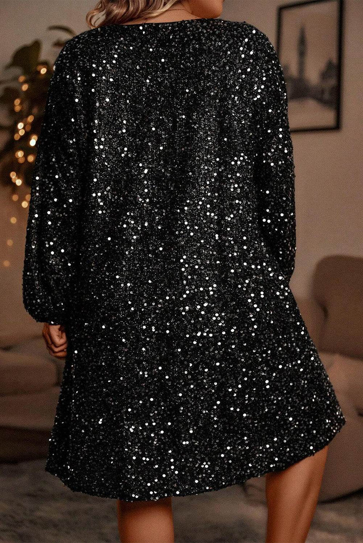 Color black Plus Size Bubble Sleeve V Neck Sequin Dress - Fashion Queen -  2