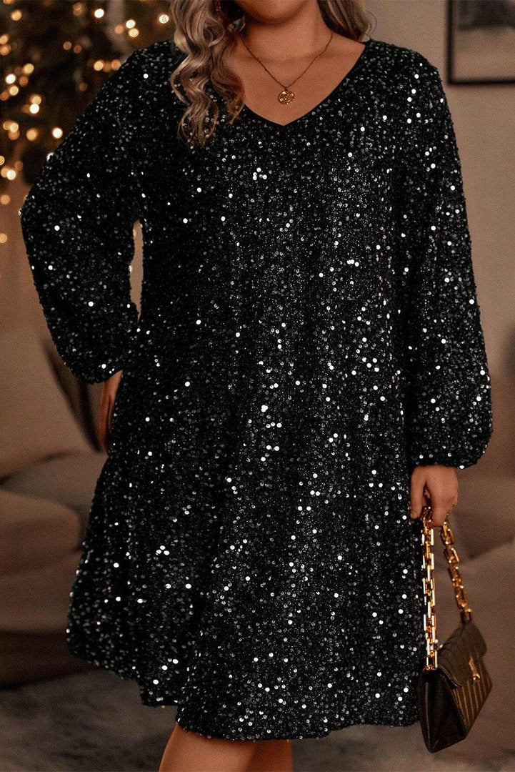 Color black Plus Size Bubble Sleeve V Neck Sequin Dress - Fashion Queen -  3