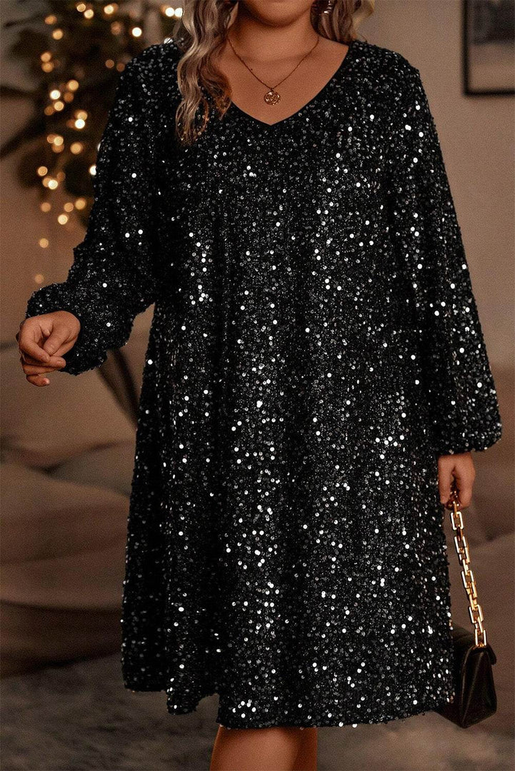 Color black Plus Size Bubble Sleeve V Neck Sequin Dress - Fashion Queen -  4