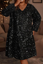 Load image into Gallery viewer, Color black Plus Size Bubble Sleeve V Neck Sequin Dress - Fashion Queen -  5
