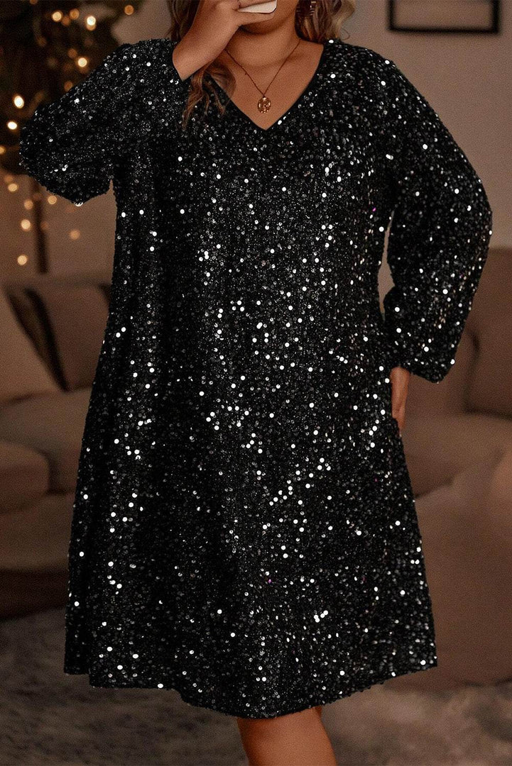 Color black Plus Size Bubble Sleeve V Neck Sequin Dress - Fashion Queen -  5