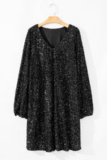 Load image into Gallery viewer, Color black Plus Size Bubble Sleeve V Neck Sequin Dress - Fashion Queen -  6
