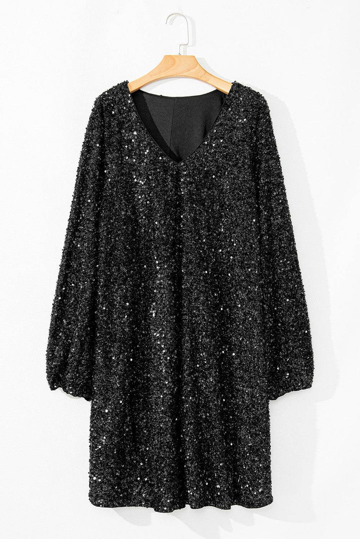 Color black Plus Size Bubble Sleeve V Neck Sequin Dress - Fashion Queen -  6
