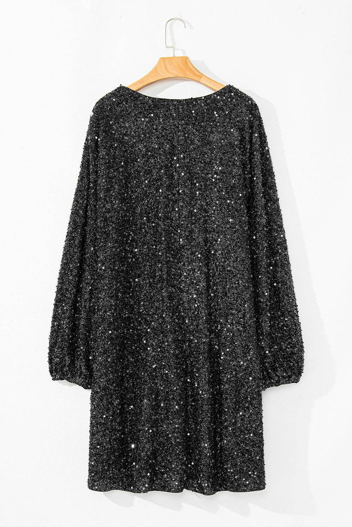 Color black Plus Size Bubble Sleeve V Neck Sequin Dress - Fashion Queen -  7