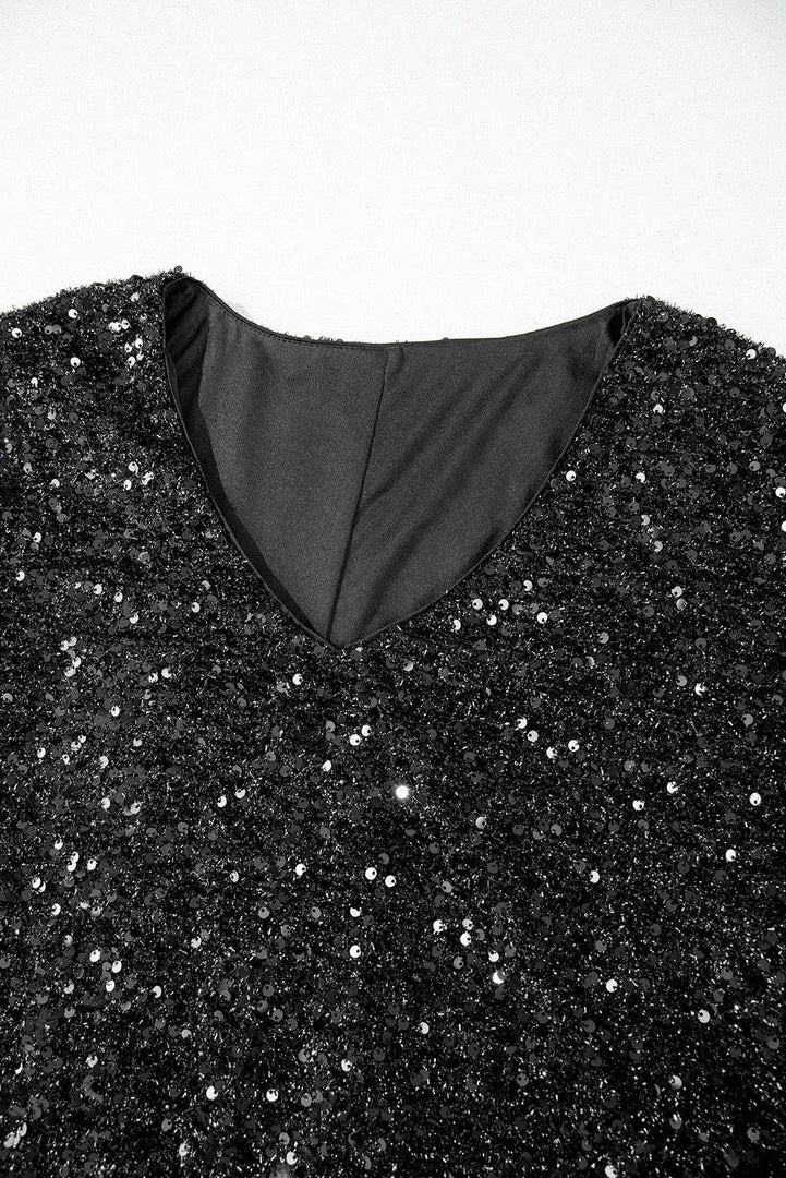 Color black Plus Size Bubble Sleeve V Neck Sequin Dress - Fashion Queen -  8
