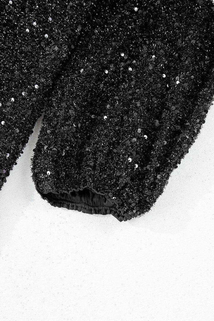 Color black Plus Size Bubble Sleeve V Neck Sequin Dress - Fashion Queen -  9