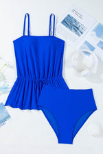 Load image into Gallery viewer, Dark Blue Bow Peplum Waist Spaghetti Straps Tankini Set - Fashion Queen -  14
